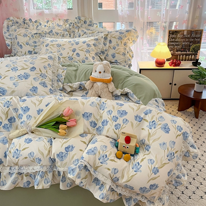 91家纺网 家纺一手货源 找家纺 畅畅家纺 2026新款春秋韩版A类公主风云柔棉工艺款花边四件套 蓝花梦影