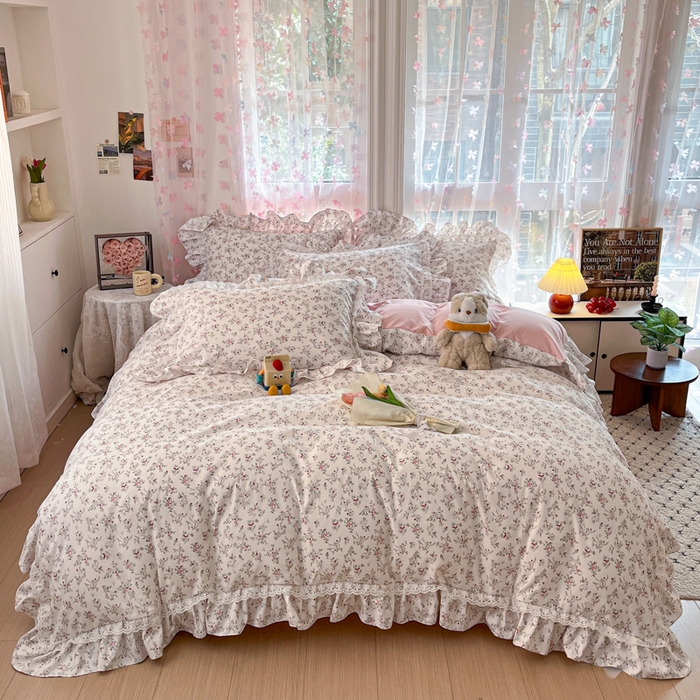 畅畅家纺 2026新款春秋韩版A类公主风云柔棉工艺款花边四件套 浅韵醉花梦