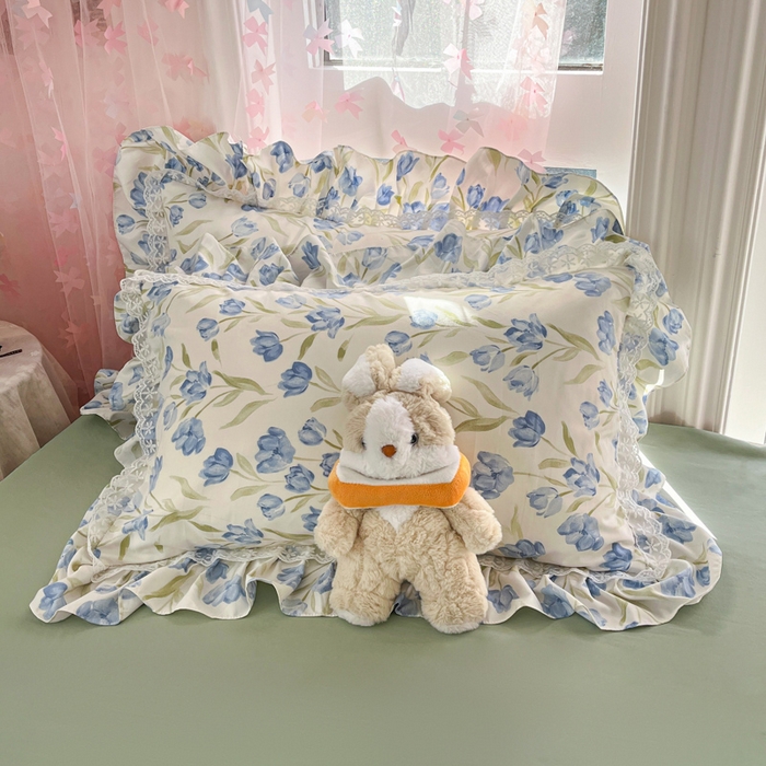 91家纺网 家纺一手货源 找家纺 畅畅家纺 2026新款春秋韩版A类公主风云柔棉工艺款花边四件套 蓝花梦影