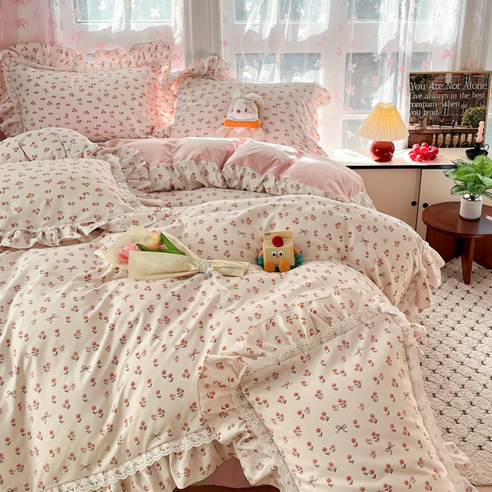 91家纺网 家纺一手货源 找家纺 畅畅家纺 2026新款春秋韩版A类公主风云柔棉工艺款花边四件套 樱花镜