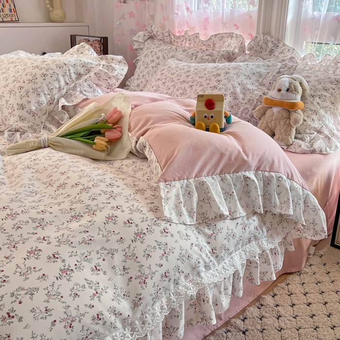 91家纺网 家纺一手货源 找家纺 畅畅家纺 2026新款春秋韩版A类公主风云柔棉工艺款花边四件套 浅韵醉花梦