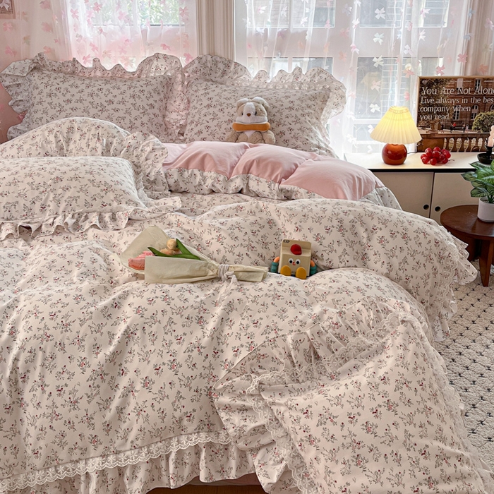 91家纺网 家纺一手货源 找家纺 畅畅家纺 2026新款春秋韩版A类公主风云柔棉工艺款花边四件套 浅韵醉花梦