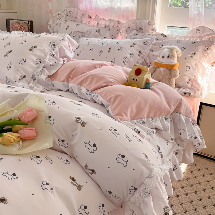 91家纺网 家纺一手货源 找家纺 畅畅家纺 2026新款春秋韩版A类公主风云柔棉工艺款花边四件套 腊肠乐园