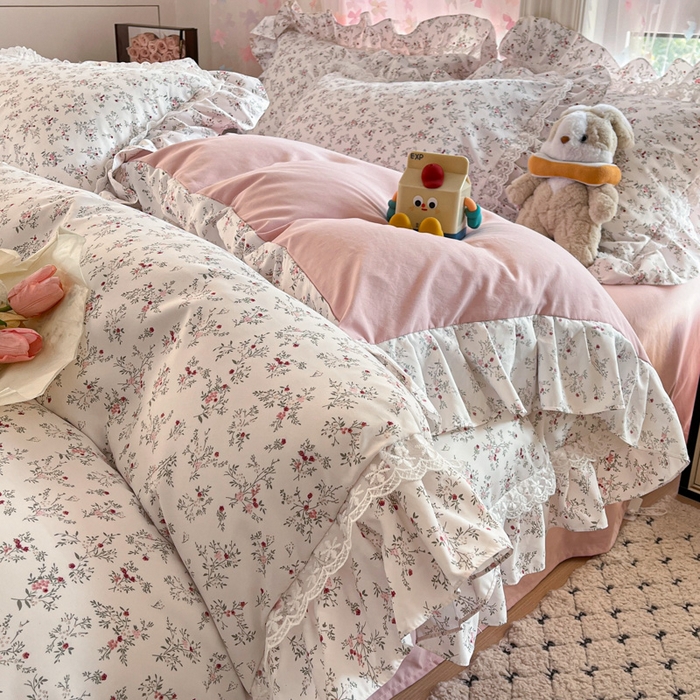 91家纺网 家纺一手货源 找家纺 畅畅家纺 2026新款春秋韩版A类公主风云柔棉工艺款花边四件套 浅韵醉花梦