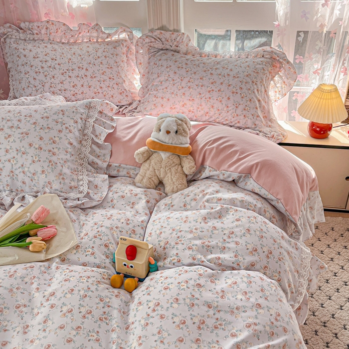 91家纺网 家纺一手货源 找家纺 畅畅家纺 2026新款春秋韩版A类公主风云柔棉工艺款花边四件套 梦幻玫瑰园