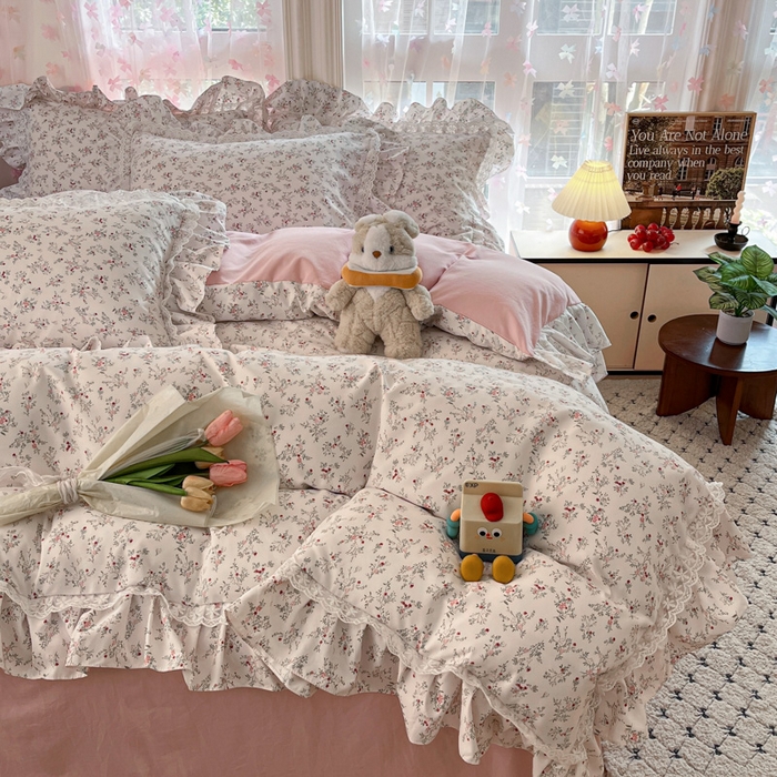 91家纺网 家纺一手货源 找家纺 畅畅家纺 2026新款春秋韩版A类公主风云柔棉工艺款花边四件套 浅韵醉花梦