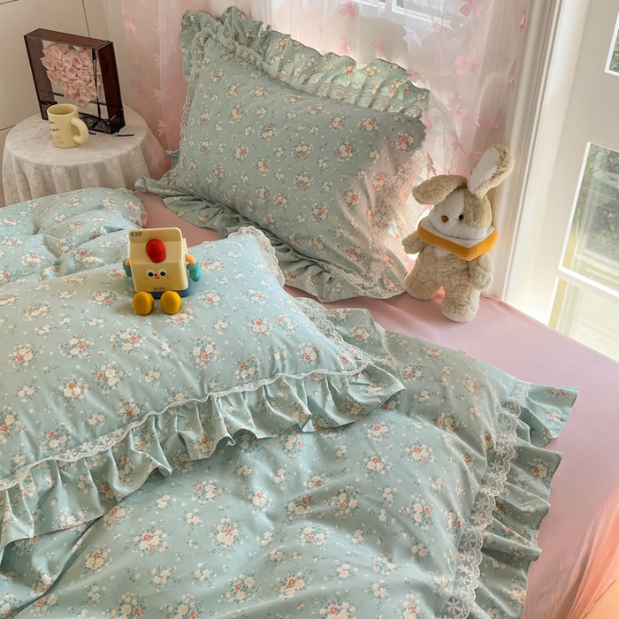 91家纺网 家纺一手货源 找家纺 畅畅家纺 2026新款春秋韩版A类公主风云柔棉工艺款花边四件套 珍珠蓝花境