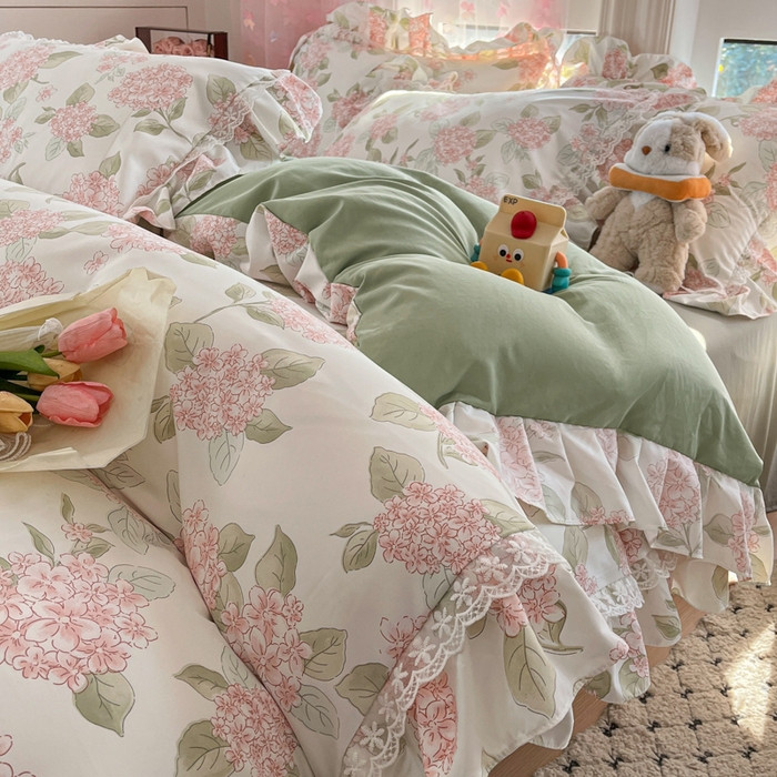 91家纺网 家纺一手货源 找家纺 畅畅家纺 2026新款春秋韩版A类公主风云柔棉工艺款花边四件套 粉樱轻舞