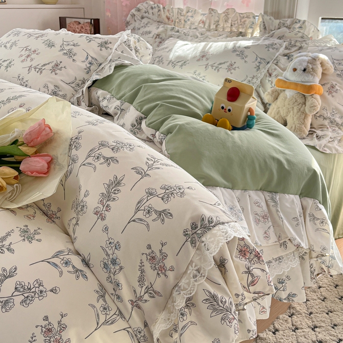 91家纺网 家纺一手货源 找家纺 畅畅家纺 2026新款春秋韩版A类公主风云柔棉工艺款花边四件套 浅花轻语