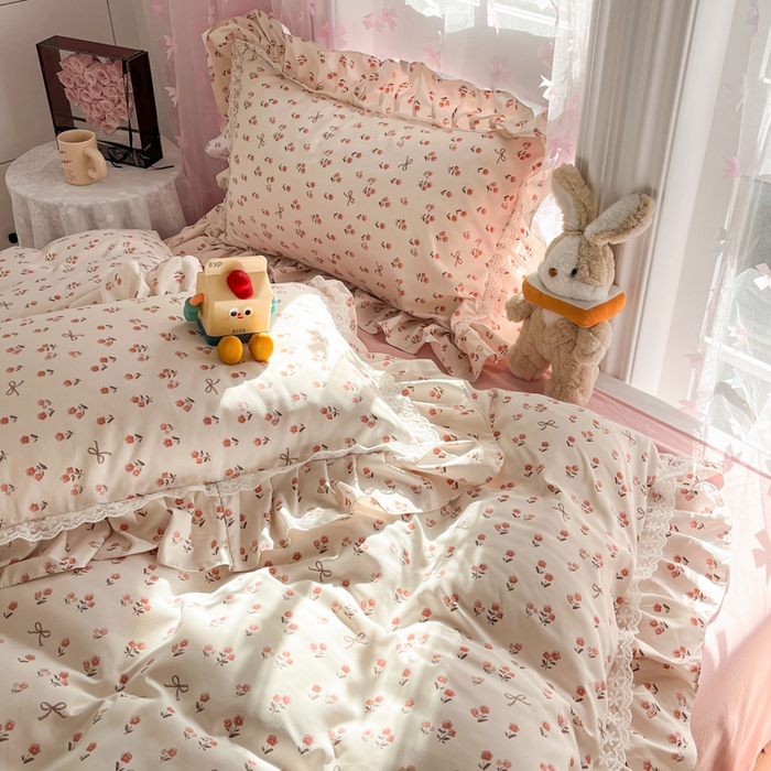 91家纺网 家纺一手货源 找家纺 畅畅家纺 2026新款春秋韩版A类公主风云柔棉工艺款花边四件套 樱花镜