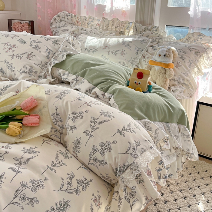 91家纺网 家纺一手货源 找家纺 畅畅家纺 2026新款春秋韩版A类公主风云柔棉工艺款花边四件套 浅花轻语