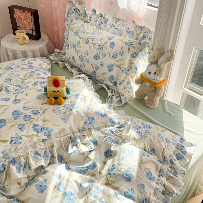 91家纺网 家纺一手货源 找家纺 畅畅家纺 2026新款春秋韩版A类公主风云柔棉工艺款花边四件套 蓝花梦影