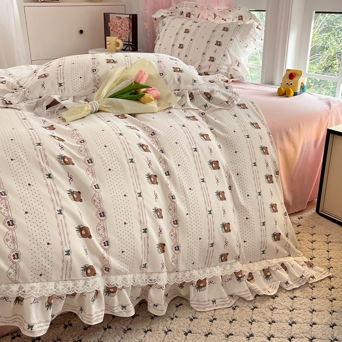 91家纺网 家纺一手货源 找家纺 畅畅家纺 2026新款春秋韩版A类公主风云柔棉工艺款花边四件套 萌熊浅梦