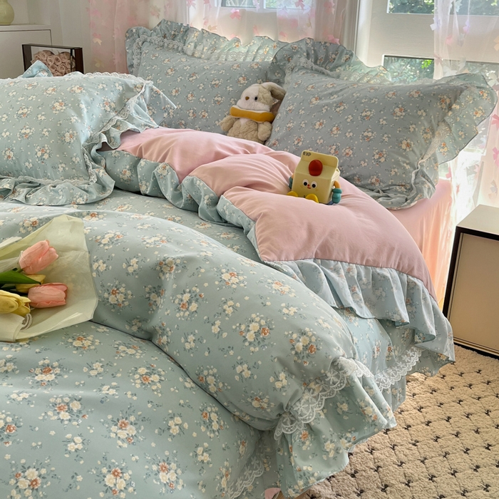 91家纺网 家纺一手货源 找家纺 畅畅家纺 2026新款春秋韩版A类公主风云柔棉工艺款花边四件套 珍珠蓝花境