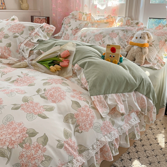 91家纺网 家纺一手货源 找家纺 畅畅家纺 2026新款春秋韩版A类公主风云柔棉工艺款花边四件套 粉樱轻舞