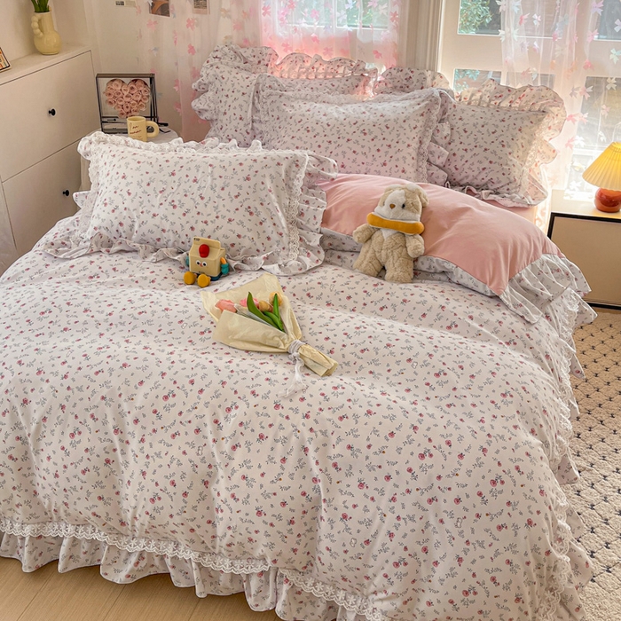 91家纺网 家纺一手货源 找家纺 畅畅家纺 2026新款春秋韩版A类公主风云柔棉工艺款花边四件套 晨露玫瑰