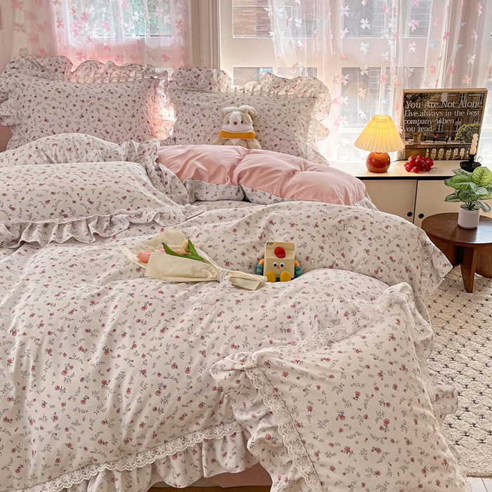 91家纺网 家纺一手货源 找家纺 畅畅家纺 2026新款春秋韩版A类公主风云柔棉工艺款花边四件套 晨露玫瑰