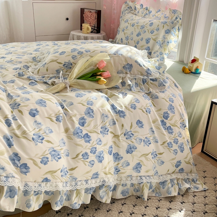 91家纺网 家纺一手货源 找家纺 畅畅家纺 2026新款春秋韩版A类公主风云柔棉工艺款花边四件套 蓝花梦影