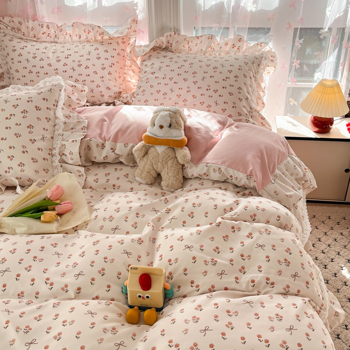 91家纺网 家纺一手货源 找家纺 畅畅家纺 2026新款春秋韩版A类公主风云柔棉工艺款花边四件套 樱花镜