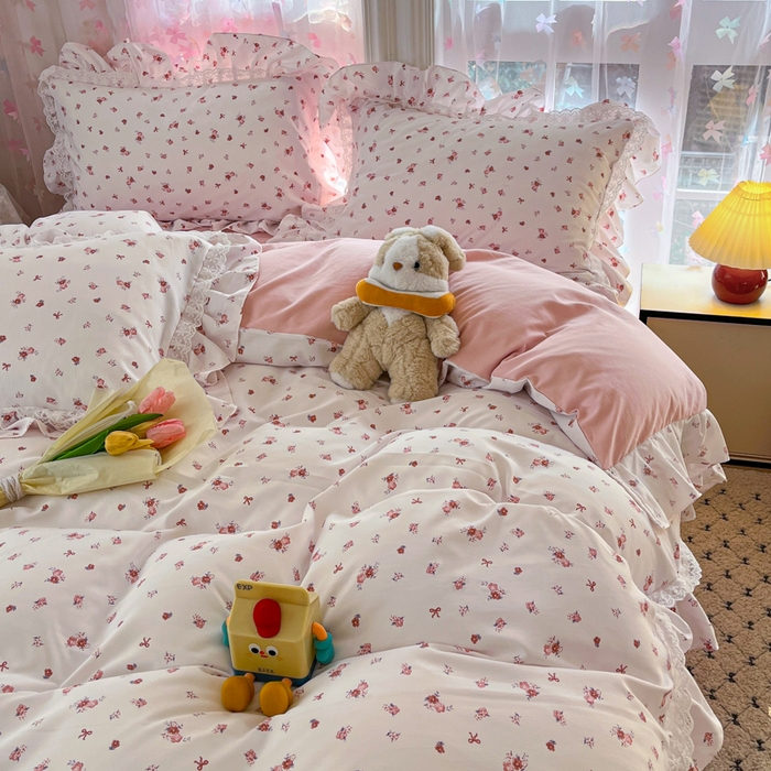 91家纺网 家纺一手货源 找家纺 畅畅家纺 2026新款春秋韩版A类公主风云柔棉工艺款花边四件套 星芒玫瑰庭