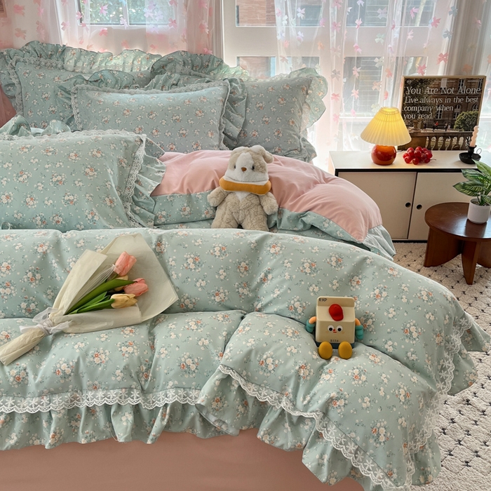 91家纺网 家纺一手货源 找家纺 畅畅家纺 2026新款春秋韩版A类公主风云柔棉工艺款花边四件套 珍珠蓝花境