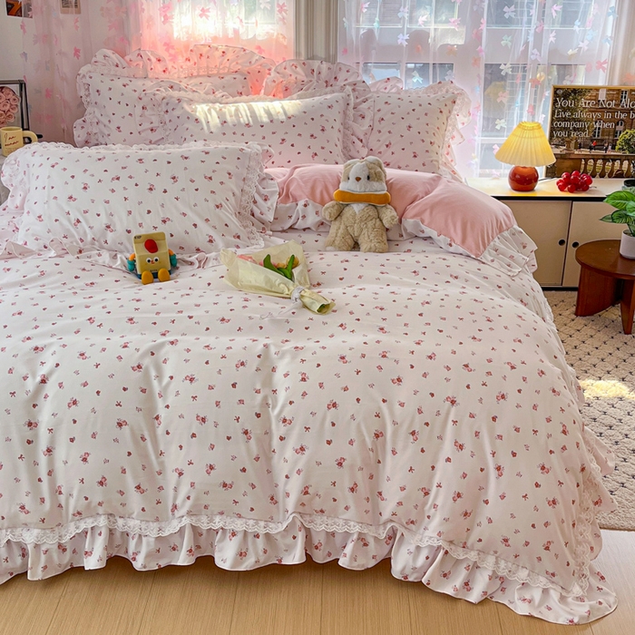 91家纺网 家纺一手货源 找家纺 畅畅家纺 2026新款春秋韩版A类公主风云柔棉工艺款花边四件套 星芒玫瑰庭