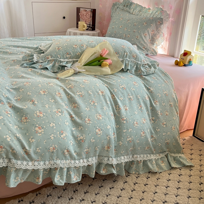 91家纺网 家纺一手货源 找家纺 畅畅家纺 2026新款春秋韩版A类公主风云柔棉工艺款花边四件套 珍珠蓝花境