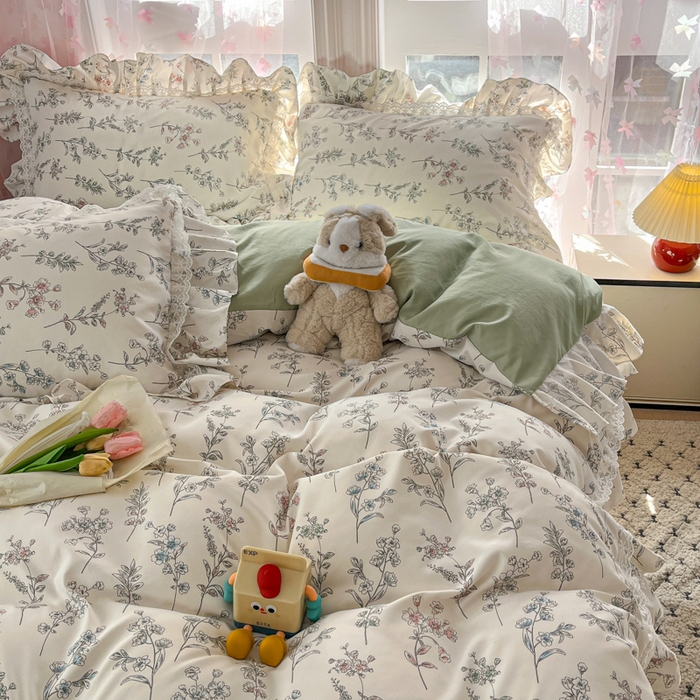 91家纺网 家纺一手货源 找家纺 畅畅家纺 2026新款春秋韩版A类公主风云柔棉工艺款花边四件套 浅花轻语