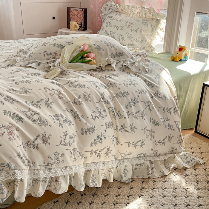 91家纺网 家纺一手货源 找家纺 畅畅家纺 2026新款春秋韩版A类公主风云柔棉工艺款花边四件套 浅花轻语