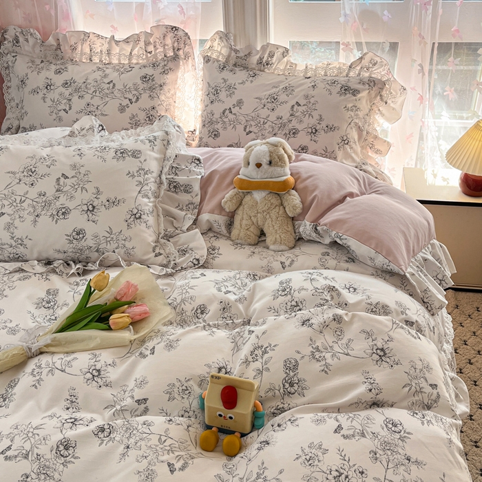 91家纺网 家纺一手货源 找家纺 畅畅家纺 2026新款春秋韩版A类公主风云柔棉工艺款花边四件套 雅花轻梦