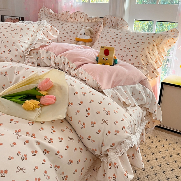 91家纺网 家纺一手货源 找家纺 畅畅家纺 2026新款春秋韩版A类公主风云柔棉工艺款花边四件套 樱花镜