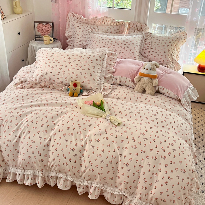 91家纺网 家纺一手货源 找家纺 畅畅家纺 2026新款春秋韩版A类公主风云柔棉工艺款花边四件套 樱花镜