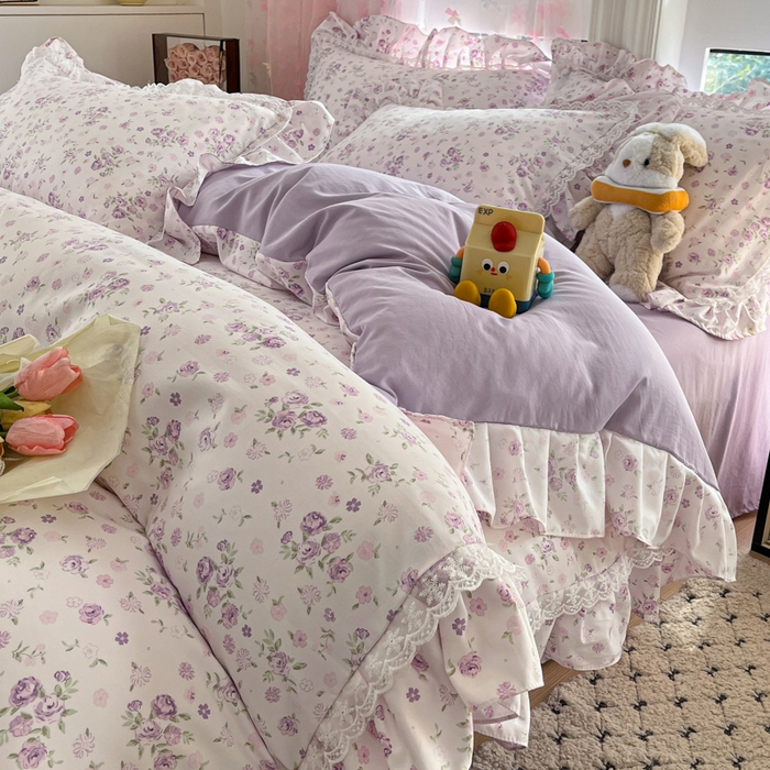 91家纺网 家纺一手货源 找家纺 畅畅家纺 2026新款春秋韩版A类公主风云柔棉工艺款花边四件套 柔紫花影