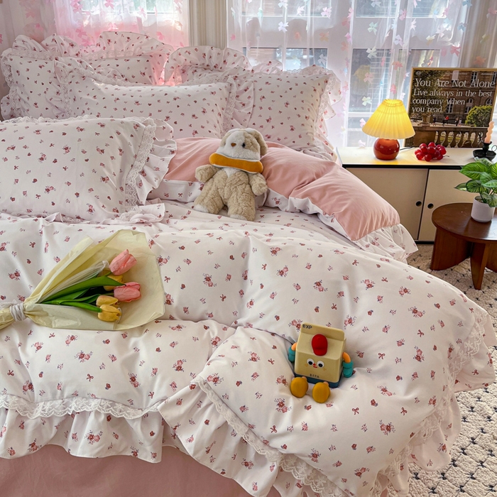 91家纺网 家纺一手货源 找家纺 畅畅家纺 2026新款春秋韩版A类公主风云柔棉工艺款花边四件套 星芒玫瑰庭