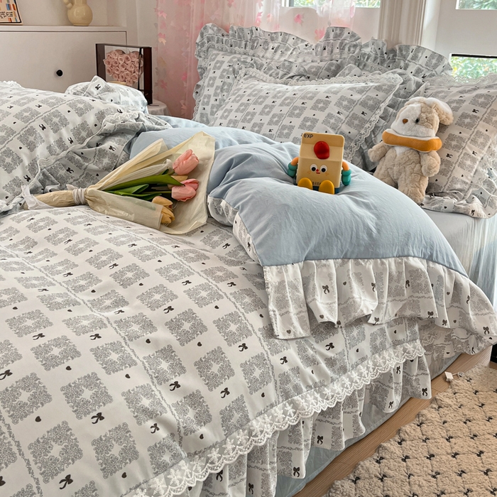 91家纺网 家纺一手货源 找家纺 畅畅家纺 2026新款春秋韩版A类公主风云柔棉工艺款花边四件套 格影清梦