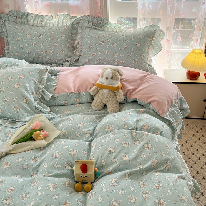 91家纺网 家纺一手货源 找家纺 畅畅家纺 2026新款春秋韩版A类公主风云柔棉工艺款花边四件套 珍珠蓝花境