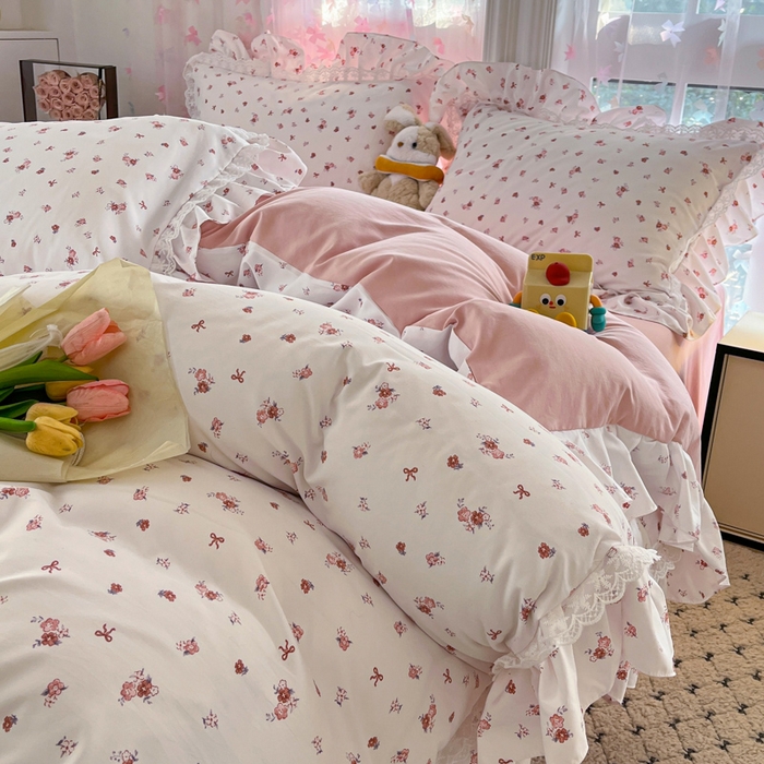 91家纺网 家纺一手货源 找家纺 畅畅家纺 2026新款春秋韩版A类公主风云柔棉工艺款花边四件套 星芒玫瑰庭