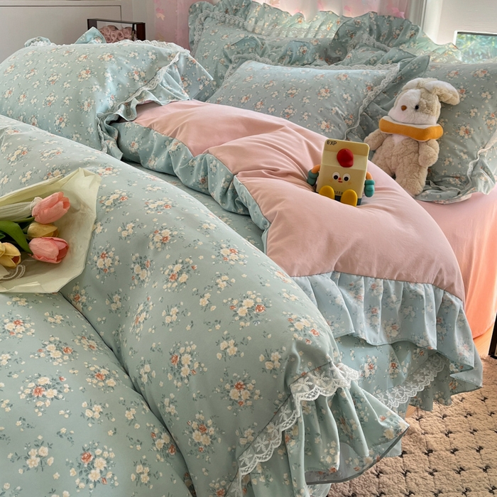 91家纺网 家纺一手货源 找家纺 畅畅家纺 2026新款春秋韩版A类公主风云柔棉工艺款花边四件套 珍珠蓝花境