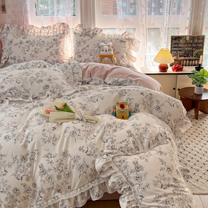 91家纺网 家纺一手货源 找家纺 畅畅家纺 2026新款春秋韩版A类公主风云柔棉工艺款花边四件套 雅花轻梦