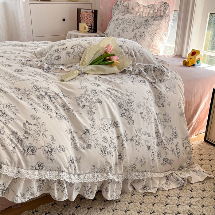 91家纺网 家纺一手货源 找家纺 畅畅家纺 2026新款春秋韩版A类公主风云柔棉工艺款花边四件套 雅花轻梦