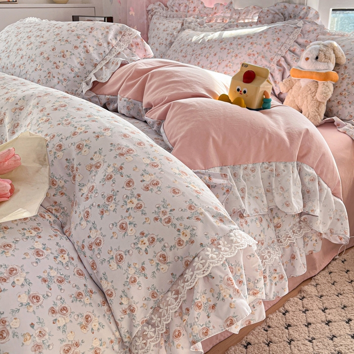 91家纺网 家纺一手货源 找家纺 畅畅家纺 2026新款春秋韩版A类公主风云柔棉工艺款花边四件套 梦幻玫瑰园