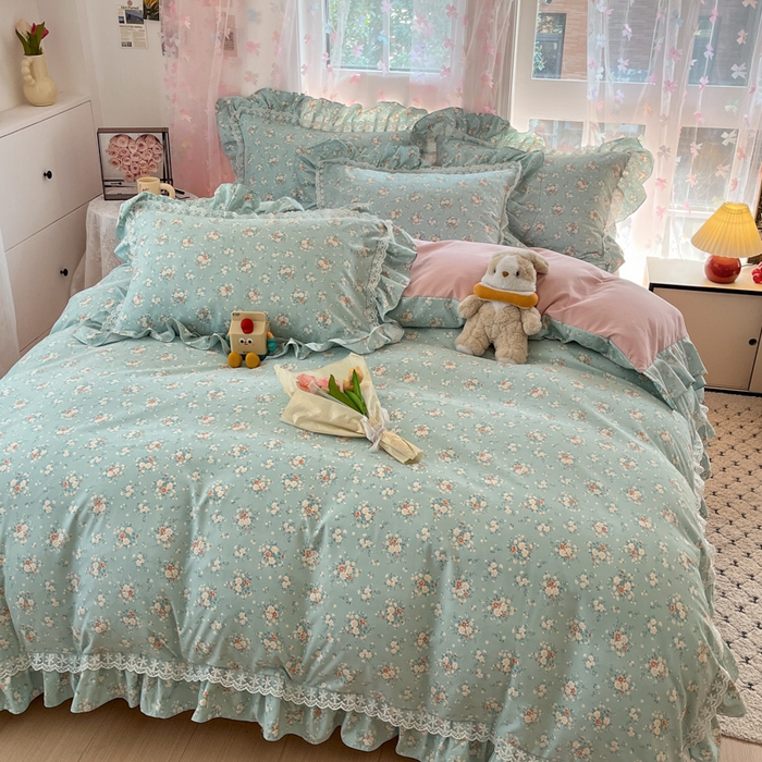 91家纺网 家纺一手货源 找家纺 畅畅家纺 2026新款春秋韩版A类公主风云柔棉工艺款花边四件套 珍珠蓝花境