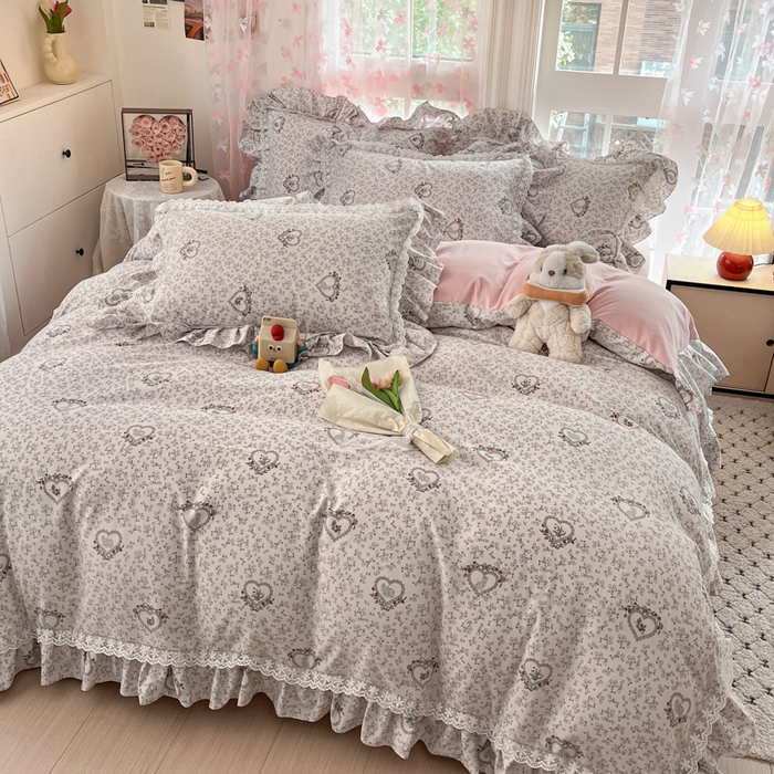 91家纺网 家纺一手货源 找家纺 畅畅家纺 2026新款春秋韩版A类公主风云柔棉工艺款花边四件套 浅梦心花
