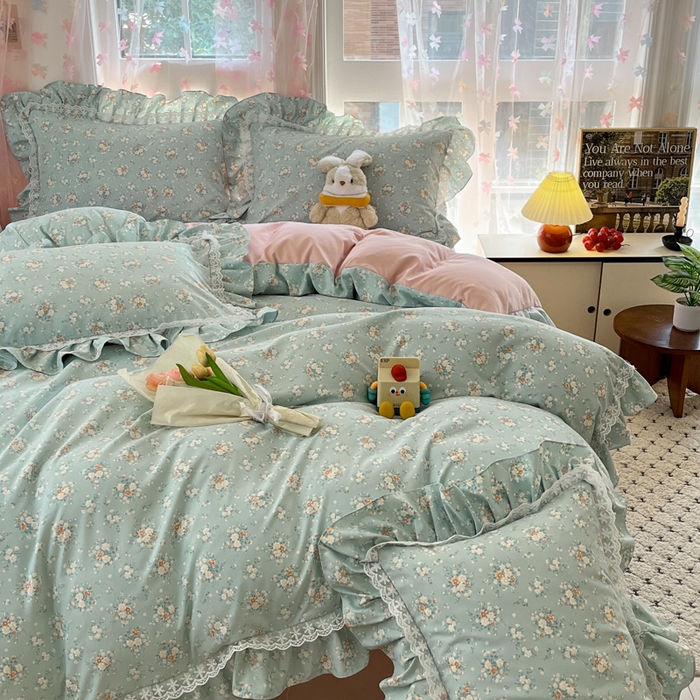 91家纺网 家纺一手货源 找家纺 畅畅家纺 2026新款春秋韩版A类公主风云柔棉工艺款花边四件套 珍珠蓝花境