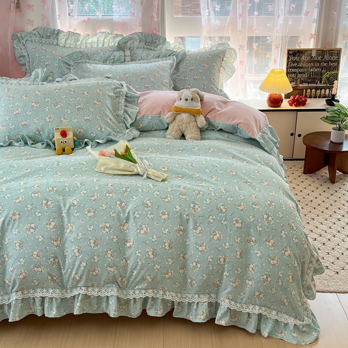 91家纺网 家纺一手货源 找家纺 畅畅家纺 2026新款春秋韩版A类公主风云柔棉工艺款花边四件套 珍珠蓝花境