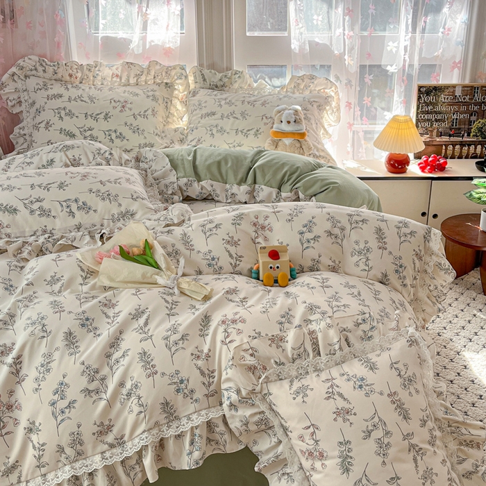 91家纺网 家纺一手货源 找家纺 畅畅家纺 2026新款春秋韩版A类公主风云柔棉工艺款花边四件套 浅花轻语