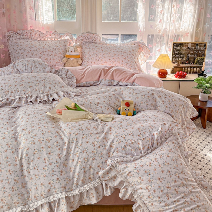 91家纺网 家纺一手货源 找家纺 畅畅家纺 2026新款春秋韩版A类公主风云柔棉工艺款花边四件套 梦幻玫瑰园