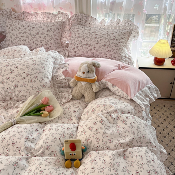 91家纺网 家纺一手货源 找家纺 畅畅家纺 2026新款春秋韩版A类公主风云柔棉工艺款花边四件套 浅韵醉花梦