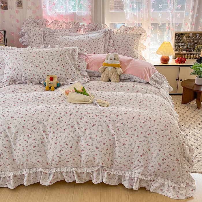 91家纺网 家纺一手货源 找家纺 畅畅家纺 2026新款春秋韩版A类公主风云柔棉工艺款花边四件套 晨露玫瑰