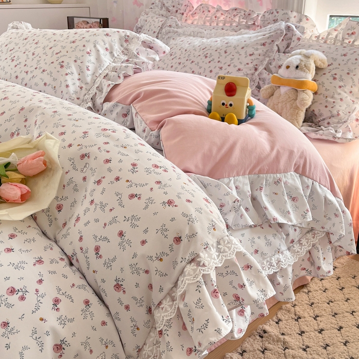 91家纺网 家纺一手货源 找家纺 畅畅家纺 2026新款春秋韩版A类公主风云柔棉工艺款花边四件套 晨露玫瑰